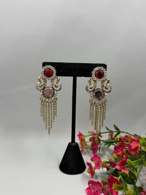 Red Crystal & Gold Chain Dangle Fringe Statement Earrings
